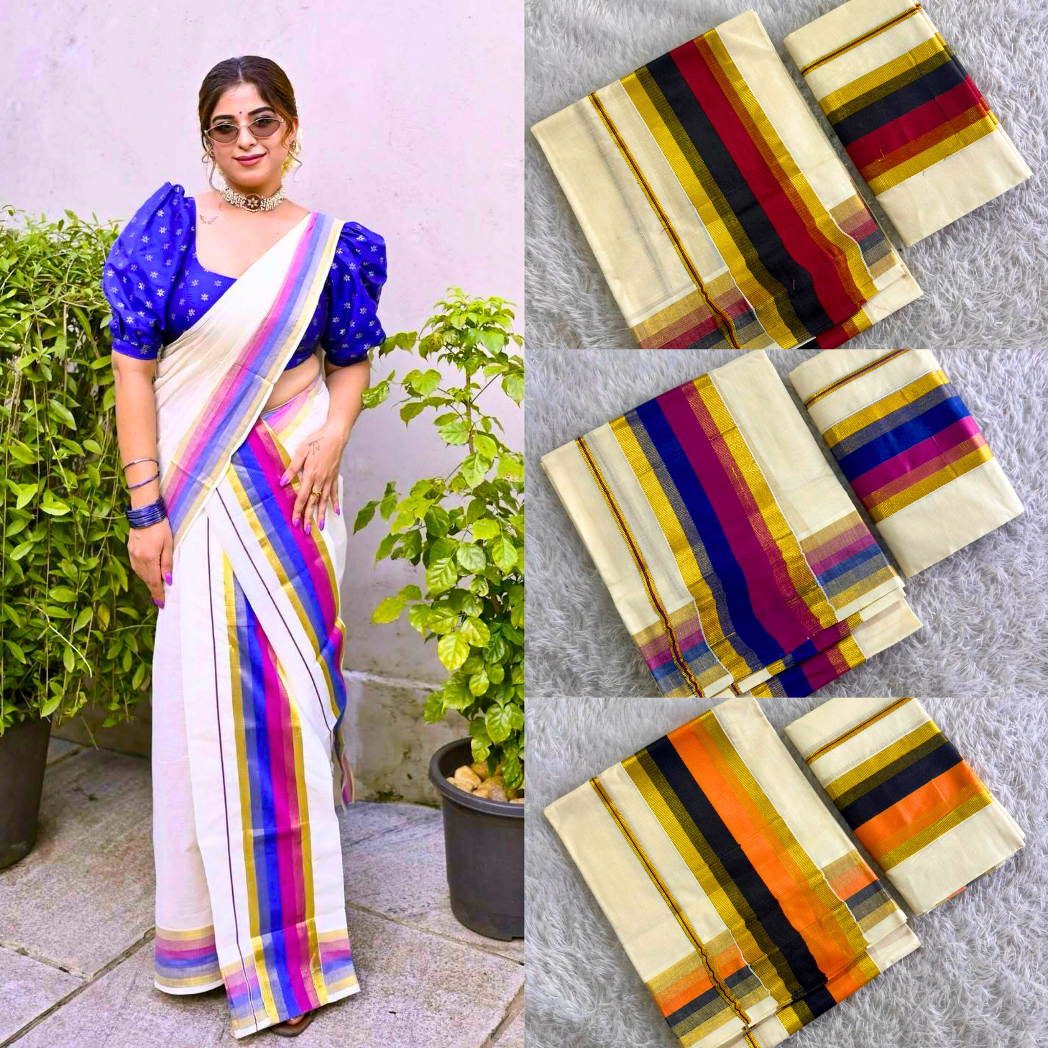 Aparna Thomas wearing a white Kerala set mundu with a vibrant multi-color blue and pink border paired with a blue puff-sleeved blouse