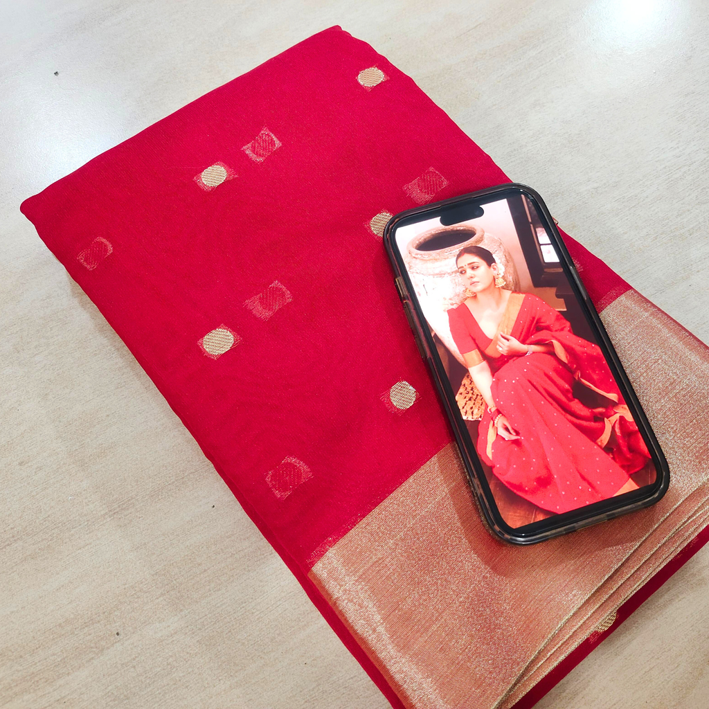 Nayanthara Inspired Red Polka Dot Chiffon Saree