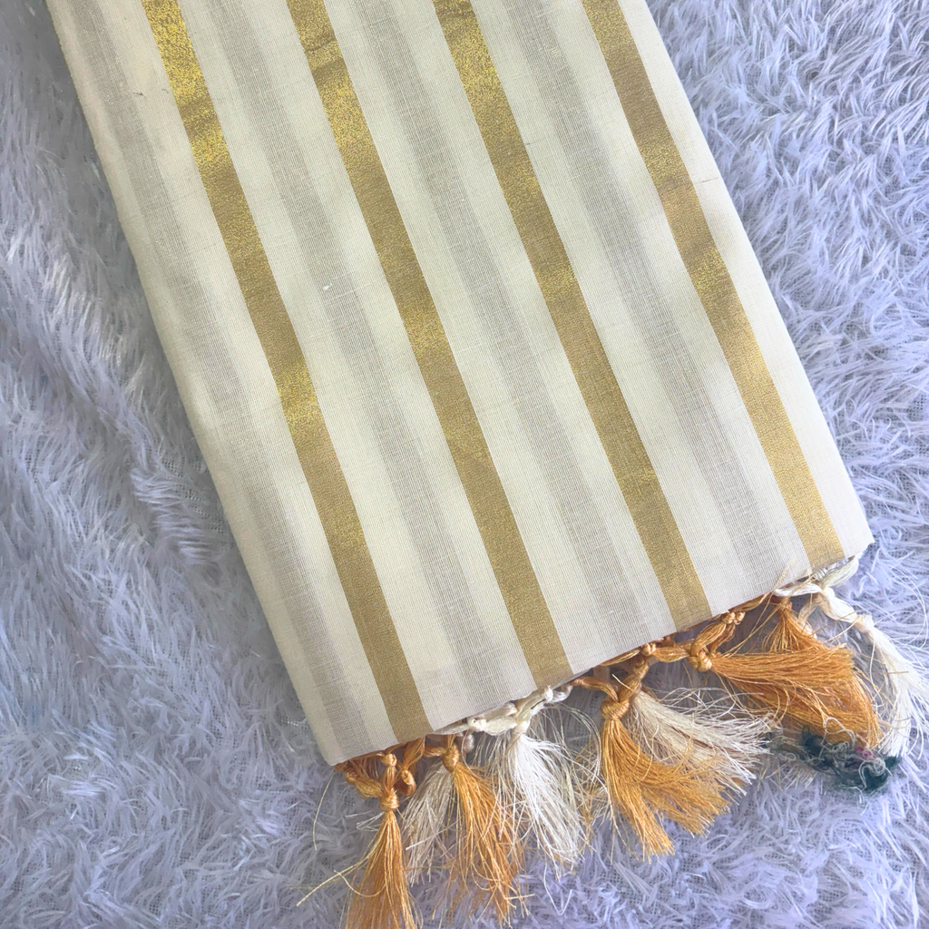 Cotton Golden Lines Saree with Tussels