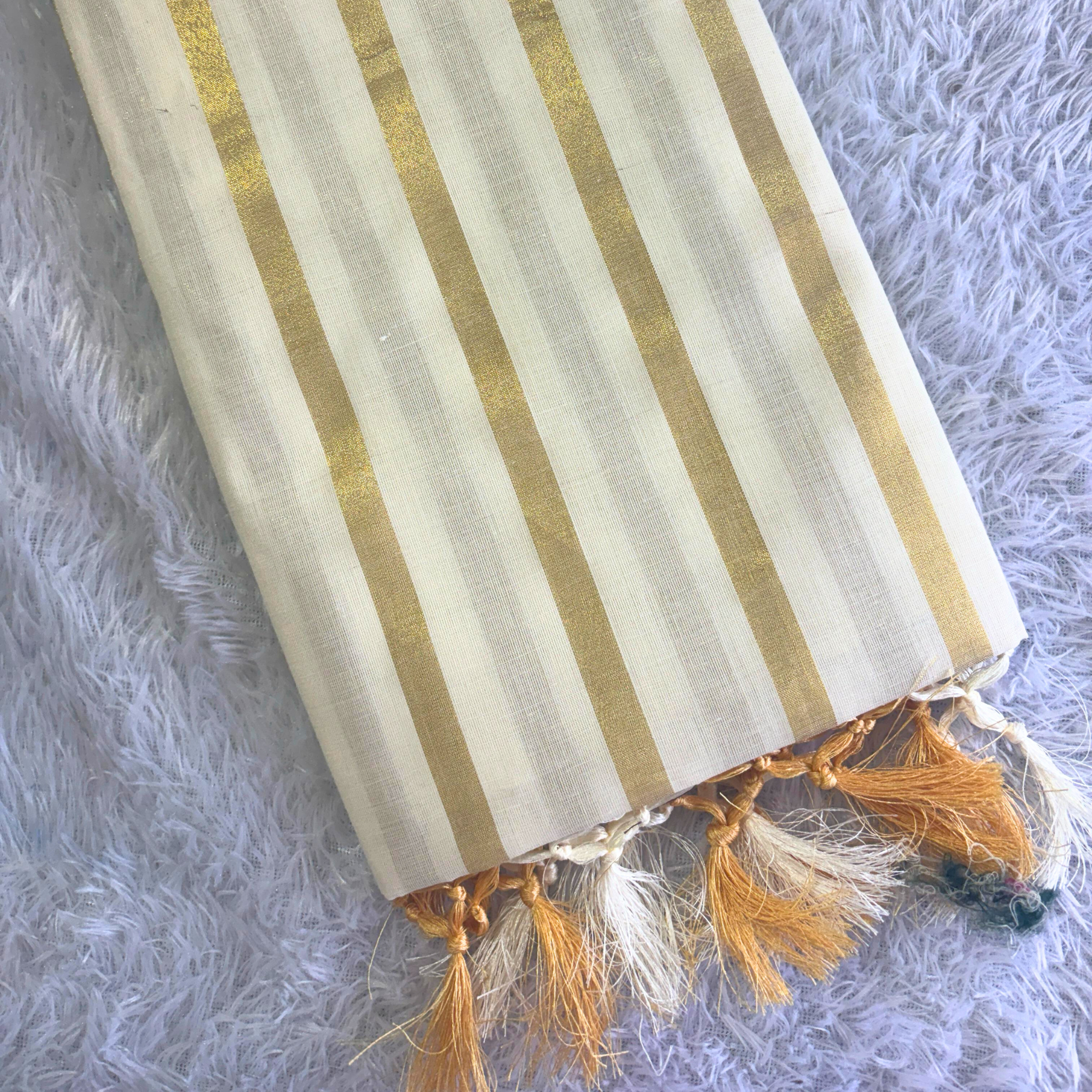 Cotton Golden Lines Saree with Tussels