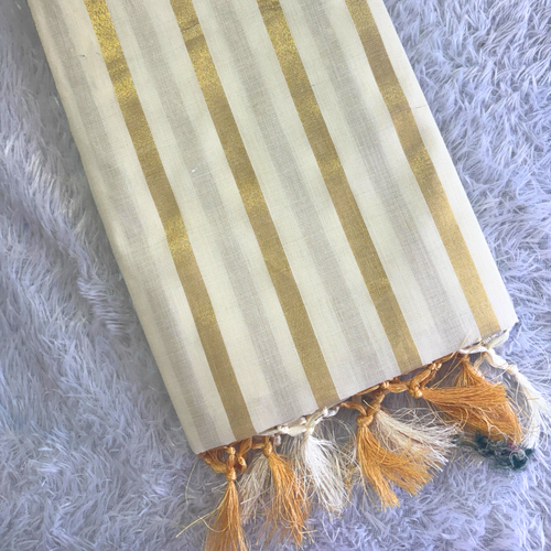 Cotton Golden Lines Saree with Tussels