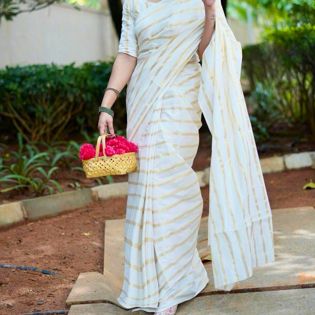 Cotton Golden Lines Saree with Tussels